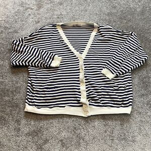 Laura Peterson Cardigan Sweater Womens 3XL White Blue Striped Button Up V Neck